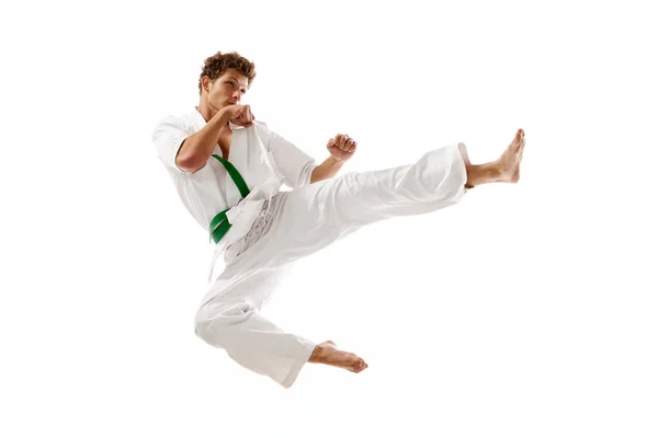 Kick Jump Young Athletic Man Karateka Motion Training Practicing Isolated — Stock Photo, Image