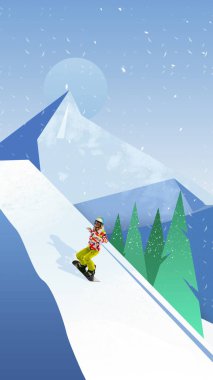 Genç sporcu kız snowboard 'a biniyor, karlı dağ tepesinden aşağı iniyor. Aktif hobi. Yaratıcı tasarım. Kış sporu, tatiller, tatil, turizm, aşırı. Poster, reklam