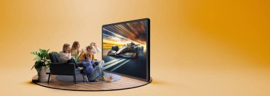 Cheering up. Young emotional friends watching car race championship on TV. Excited girls and boys sitting in front of huge 3D model of tv screen. 3D render elements of car and background clipart