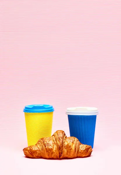 Two Cups Coffee Delicious Crispy Sweet Croissant Pink Background Concept — Stock Photo, Image