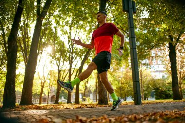 Spor giyimli kaslı genç adam ısınma egzersizleri yapıyor, koşuyor, sıcak yaz gününde parkta zıplıyor. Spor anlayışı, aktif ve sağlıklı yaşam tarzı, rekabet, dinamik, maraton
