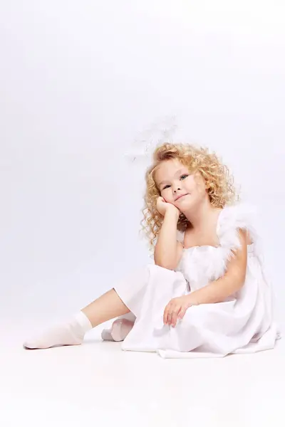 Cute Adorable Little Girl Child White Dress Angels Halo Sitting — Stock Photo, Image