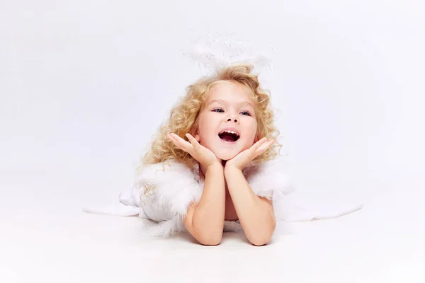 Happy Smiling Cute Little Girl Child White Dress Image Angel — Stock Photo, Image