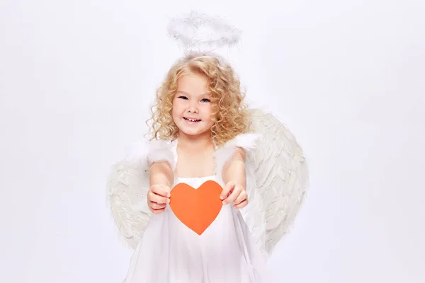 Fijne Valentijnsdag Kleine Baby Cupido Mooi Meisje Witte Jurk Met — Stockfoto