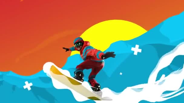 Bajando Alto Movimiento Animación Obra Creativa Deportista Profesional Snowboarder Ropa — Vídeos de Stock