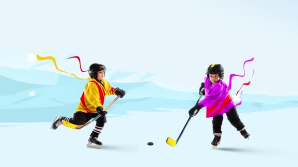 Desportos Inverno Arte Contemporânea Com Crianças Pequenas Jogadores Hóquei Uniforme — Vídeo de Stock