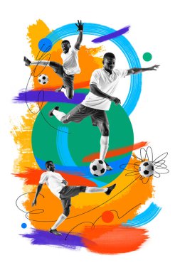 Genç Afrikalı bir adam, hareketli bir futbolcu, renkli arka planda bacağıyla topa vuruyor. Yaratıcı sanat kolajı. Profesyonel spor, rekabet ve maç kavramı, dinamik. Poster, reklam