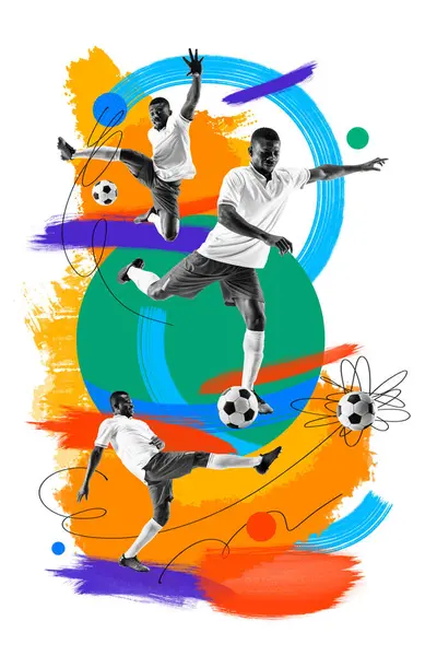 Junger Afrikanischer Mann Fußballspieler Bewegung Ball Mit Bein Über Buntem — Stockfoto
