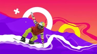 Profesyonel bayan sporcu, snowboard sporcusu sporcu giyim kuşamında parlak bir geçmişi var. Hareket etmeyi, animasyonu durdurun. Yaratıcı sanat eserleri. Kış oyunları, hız, enerji, ekstrem spor kavramı