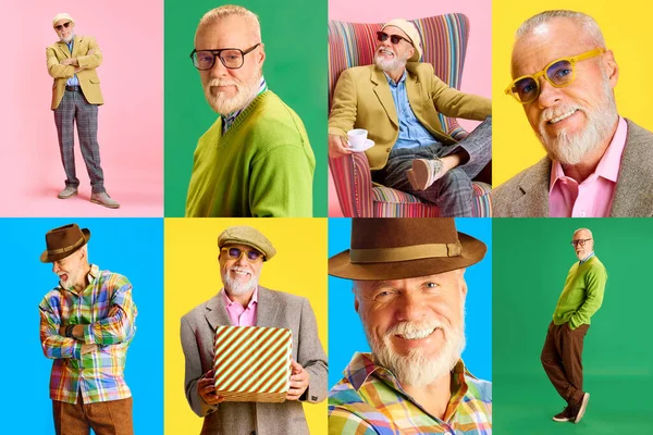 Collage Lavet Portrætter Smuk Senior Stilfuld Mand Forskellige Tøj Tilbehør - Stock-foto