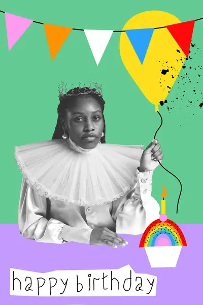 African woman, royal person, queen celebrating birthday with cake and air balloon. Creative design. Concept of holidays, birthday party, creativity, pop art, inspiration. Poster, invitation card