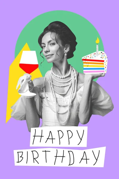 Beautiful woman, royal person in dress standing with cake and wine glass, celebrating birthday. Creative design. Concept of holidays, birthday party, creativity, pop art. Poster, invitation card