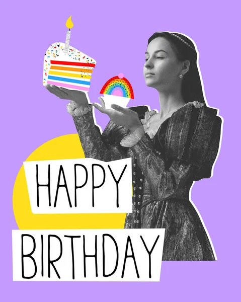 Tender, elegant woman, royal person, queen holding cake, celebrating birthday. Creative design. Concept of holidays, birthday party, creativity and pop art, inspiration. Poster, invitation card