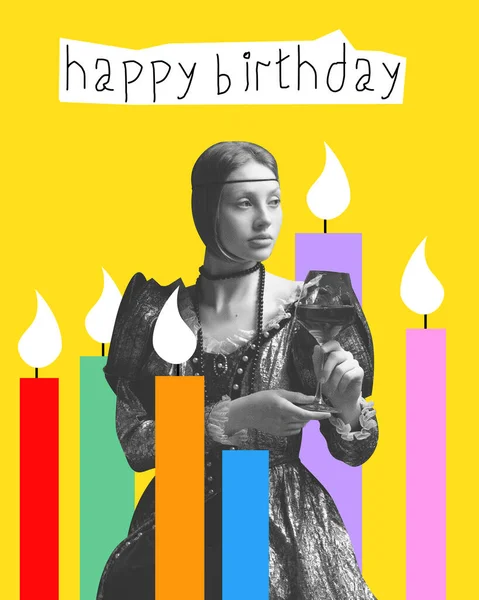 Young girl, medieval royal person, princess with glass of wine celebrating birthday. Creative design. Concept of holidays, birthday party, creativity, pop art, inspiration. Poster, invitation card