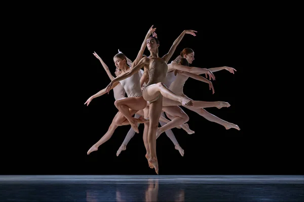 优雅和优雅 有才华 有艺术的人 在运动的芭蕾舞演员 在黑人背景下跳舞 古典与现代舞蹈 创造力 戏剧的概念 — 图库照片