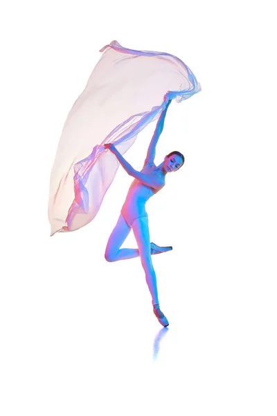 优雅的动作 美丽的年轻女子 芭蕾舞演员用透明的面料在霓虹灯的白色背景下表演 美的概念 古典舞蹈 舞蹈编排 — 图库照片