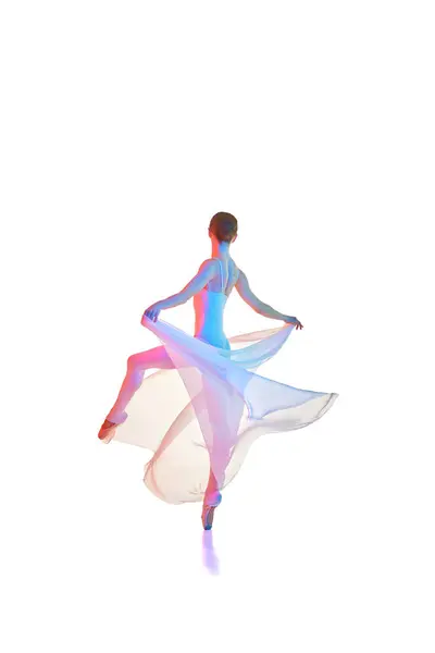 Young Elegant Woman Ballerina Bodysuit Spinning Pointe Dancing Transparent Fabric — Stock Photo, Image