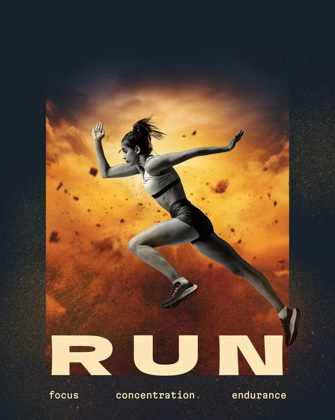 Athletic, muscular young woman, runner athlete in motion, running. Winner. Concentration. Endurance. Creative collage. Competition, professional sport, win and sport event concept. Poster and ad