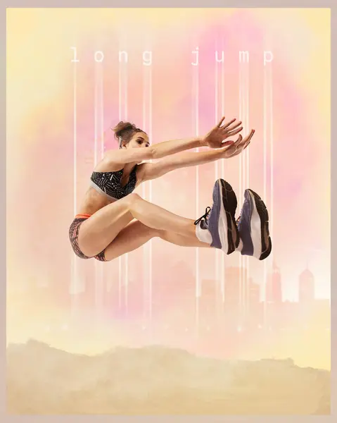 Young girl, professional athlete in motion, competing, doing long jump over abstract background. Creative collage. Concept of competition, athletics, professional sport, win, sport event. Poster, ad