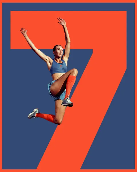 Winner. Muscular, athletic young woman,. jumping on long jump competition. Creative collage. Concept of competition and athletics, professional sport, win, sport event and challenge. Poster, ad