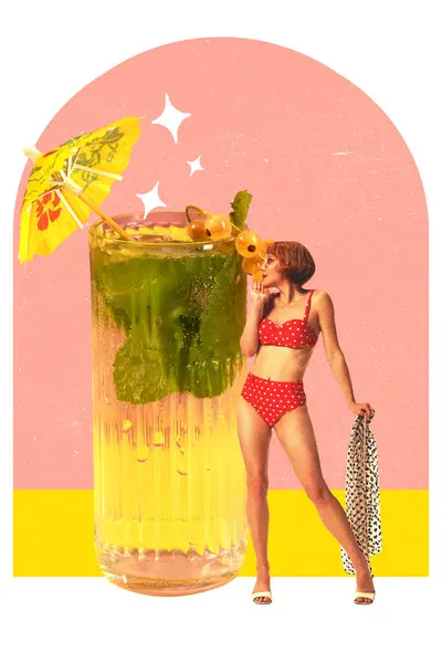 Pretty young woman in vintage swimsuit standing with mojito cocktail. Summer party. Contemporary art. Concept of beauty, party, alcohol drink, celebration, pin up and pop art. Vintage paper effect