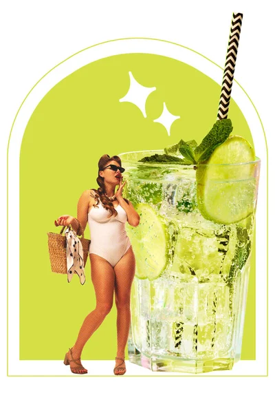 Beautiful young woman in vintage swimsuit standing with mojito cocktail. Summer vibe. Contemporary artwork. Concept of retro fashion, beauty, party, alcohol drink, celebration. Vintage paper effect