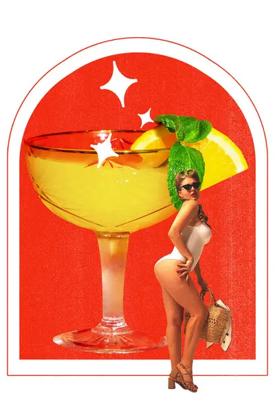 Beautiful young woman in vintage swimsuit standing with cocktail. Summer vibe and relaxation. Contemporary art collage. Concept of beauty, party, alcohol drink, celebration. Vintage paper effect
