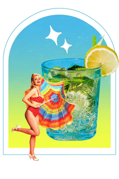 Elegant young woman in vintage swimsuit standing with mojito cocktail. Summer vacation Contemporary art. Concept of retro fashion, beauty, party, alcohol drink, pin up, pop art. Vintage paper effect