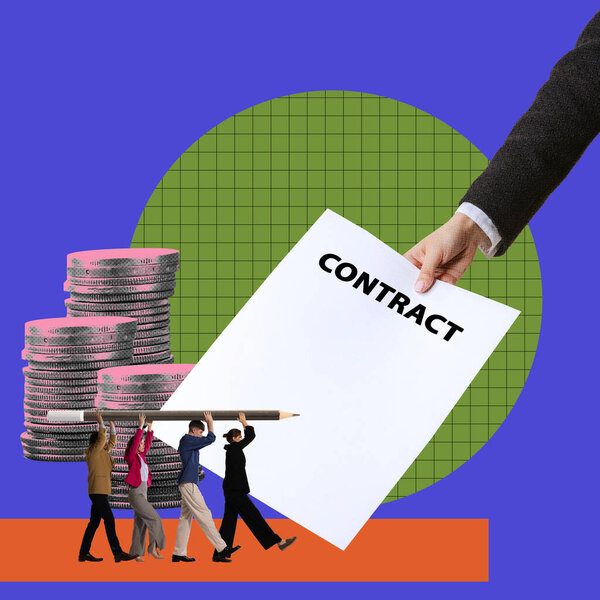 Подписание контракта. Молодые люди, стажеры, сотрудники подписывают контракт и получают работу в компании. Коллаж современного искусства. Концепция бизнеса, офиса, занятости, успеха, инноваций