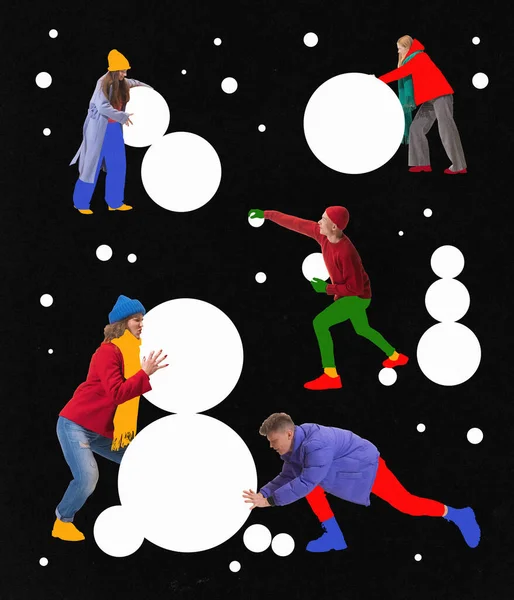 Молодые Люди Друзья Делающие Снеговика Играющие Зимой Снежок Веселье Радость — стоковое фото