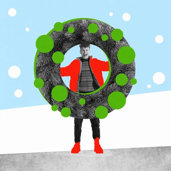 Happy Smiling Excited Young Man Standing Giant Wreath Decorations Contemporary — Stock Photo, Image