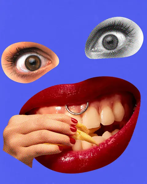 Patates yiyen genç bir kadın. Geniş açık gözler ve mavi arka planda kocaman bir ağız. Çağdaş sanat kolajı. Yemek, tat, sürrealizm, yaratıcılık, fast food kavramı. Pop sanat tarzı. Poster, reklam