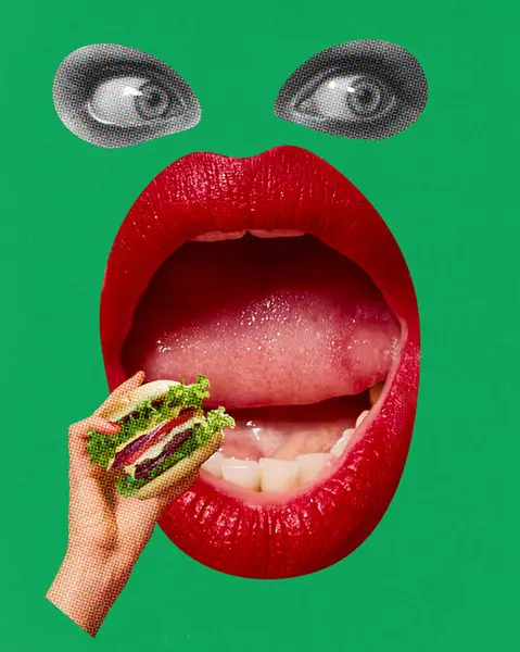 Wide open female mouth with red lipstick eating burger over green background. Fast food lover. Contemporary art collage. Concept of food, taste, surrealism, creativity. Pop art style. Poster, ad