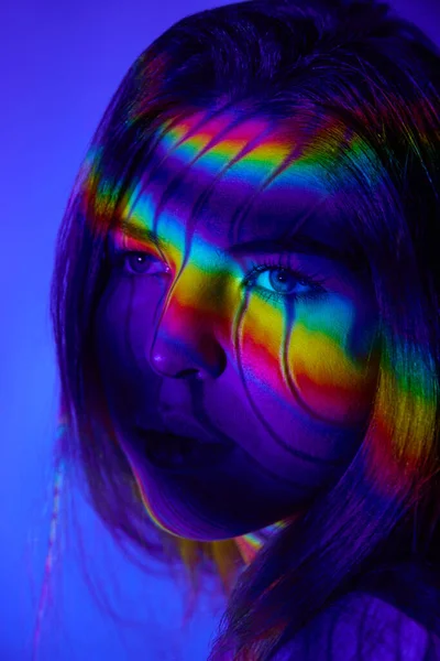 Lgbtqia Close Young Beautiful Girl Blue Background Multicolored Neon Lights — Stok Foto