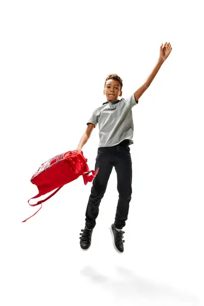 Cute Curly African American Boy Jumping Joy Because Back School — Stock Photo, Image