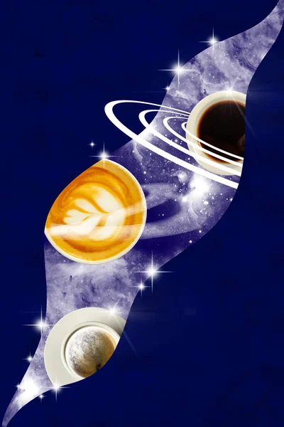 Kelyhek Fekete Kávé Kávé Tejjel Kék Háttérrel Űrművészet Utóbbi Művészet — Stock Fotó