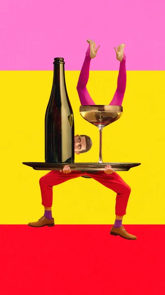シャンパンを提供しています 多色のバックグラウンドでシャンパンボトルを取り出した男 現代アートコラージュ ポスター パーティー アルコール飲料 インスピレーション 楽しい 補完的な色の概念 — ストック写真