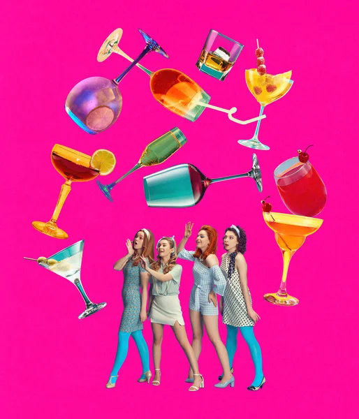 Stylish young girls, friends at the party, choosing cocktails, drinking and having fun. Contemporary art collage. Poster. Concept of party, alcohol drink, inspiration, fun, Complementary colors.