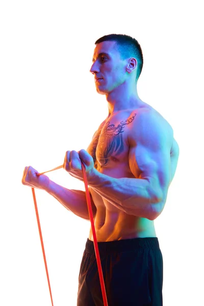 Athletic Shirtless Young Man Muscular Relief Body Training Fitness Expanders — Stock Photo, Image