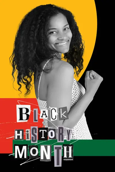 Happy young African-American girl against colorful background. Social issues. Contemporary artwork. Concept of Black History Month, human, right, freedom and acceptance, history. Poster