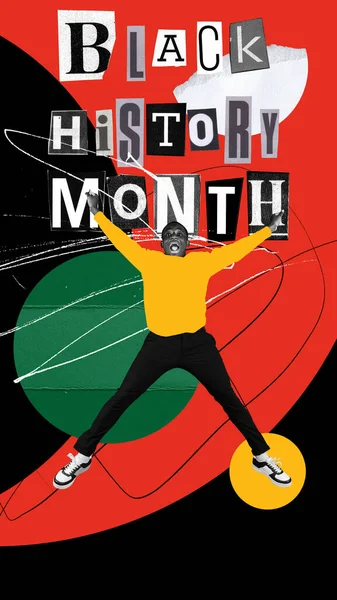 Young African-American man expressing positive emotions, jumping in happiness. No racism. Contemporary artwork. Concept of Black History Month, human, right, freedom and acceptance, history. Poster