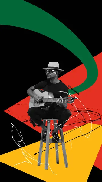 Stylish African-American man playing guitar, celebrating social event of race equality. Contemporary artwork. Concept of Black History Month, human, right, freedom and acceptance, history. Poster