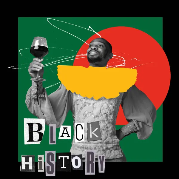 African-American young man, royal person celebrating with glass of red wine. Race equality. Contemporary artwork. Concept of Black History Month, human, right, freedom and acceptance, history. Poster