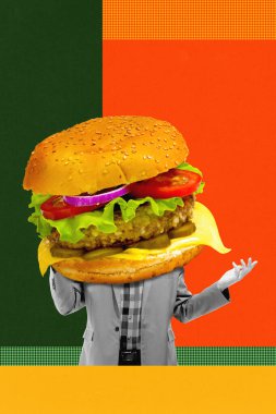 Renkli arka plana karşı lezzetli, büyük burgerli bir adam. Lezzetli yemek. Çağdaş sanat kolajı. Fast food ve tat kavramı, sağlıksız, lezzetli, pop sanatı. İlan için poster