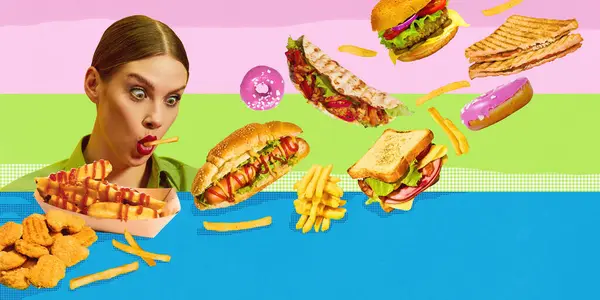 Emotional young woman eating fast food with pleasure. Burger, hot dog, chicken nuggets, taco, sweets. Contemporary artwork. Concept of fast food, menu, unhealthy eating, pop art style. Poster for ad
