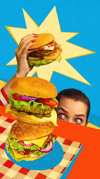 Young emotional woman picking up delicious homemade burger against blue background. Contemporary art collage. Concept of fast food, taste, unhealthy, delicious, pop art. Poster for ad