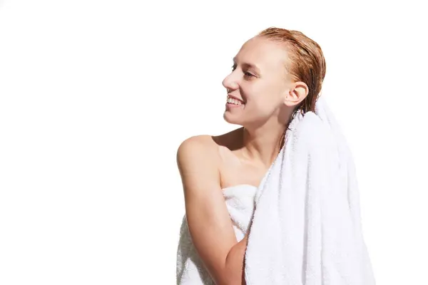 Girl Standing Towel Wet Hair Shower White Studio Background Drying — Stock Photo, Image