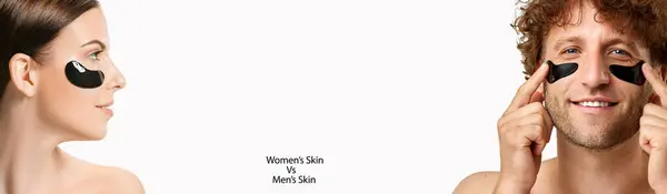 バナー 肌の水分補給 ダークサークルの減少 パフの目に使用する男性と女性 スキンケア 自然美 プラスチック手術 化粧品 広告のコンセプト — ストック写真