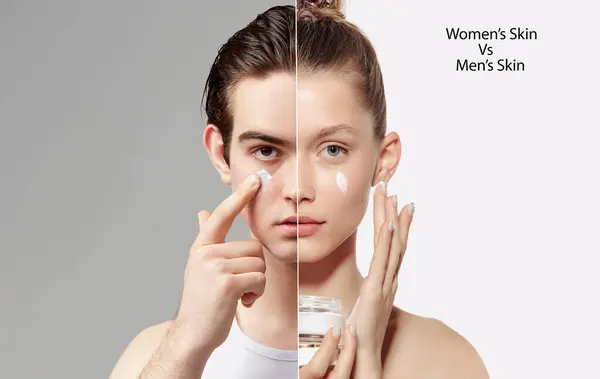 Beautiful young man and woman taking care after skin with moisturizing cream. Diversity of skin types and products. Concept of skincare, natural beauty, treatment, cosmetology, cosmetics, ad