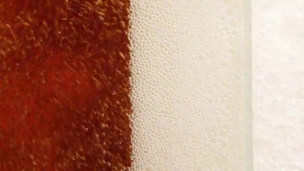 ラガーファミリービールを注ぐビールグラスのクローズアップ バブルが上昇する グラデーション ビールドリンク 醸造所 飲み物の質の概念 垂直レイアウト — ストック動画